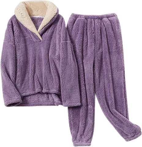 Mens Fluffy Coral Fleece Pajamas Set Pullover Pants Loose Plush Warm Loungewear Sleepwear