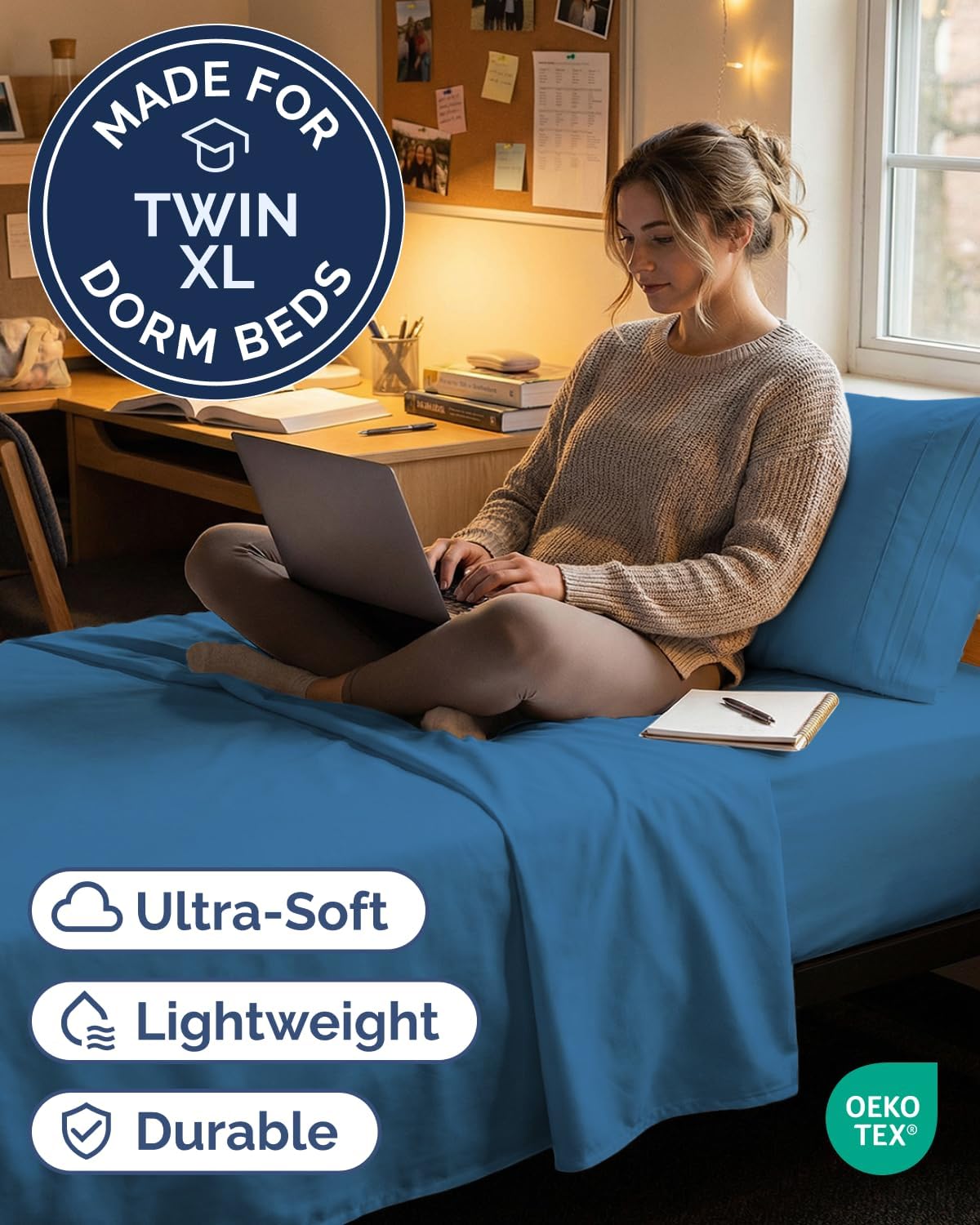 Twin XL 3 Piece Sheet Set - College Dorm Room Essentials - Denim Blue