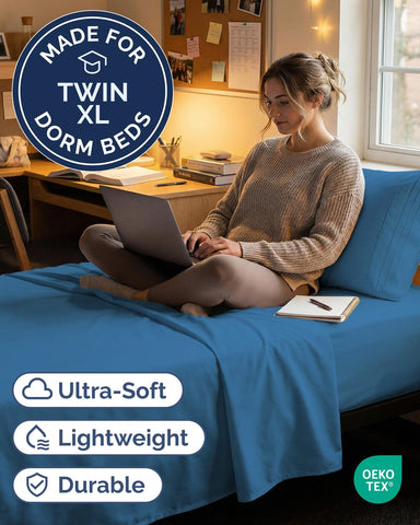 Twin XL 3 Piece Sheet Set - College Dorm Room Essentials - Denim Blue