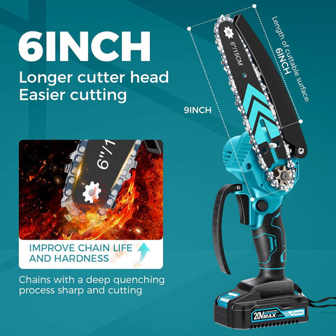 Saker Mini Chainsaw,6 Inch Electric Chainsaw Cordless with 2 Batteries Blue