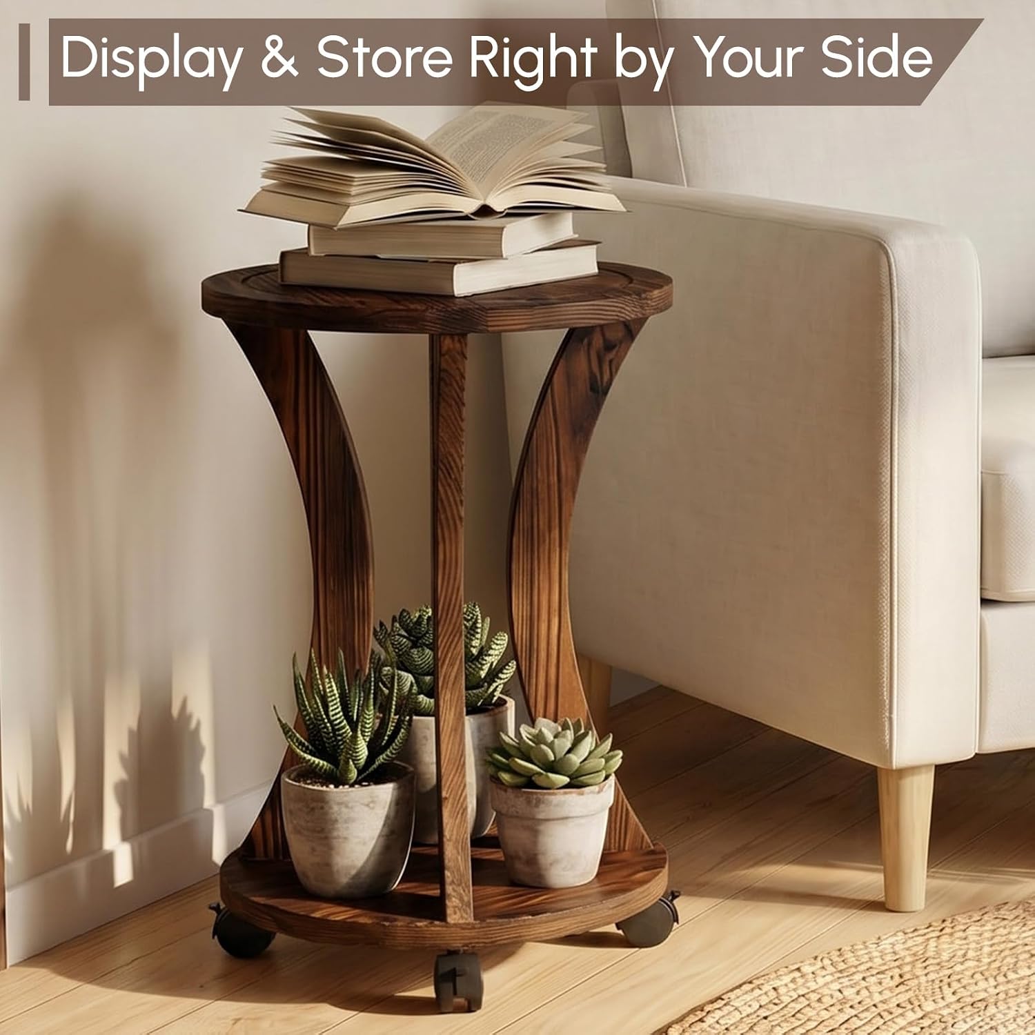 2 Pack 2 Tier Wooden Plant Stand Indoor with Wheels – Tall Plant Stand for 6-12 Inch Pots, Mid-Century Modern Rustic Plant Table Indoor, Pedestal Stand for Corner, Living Room, Balcony