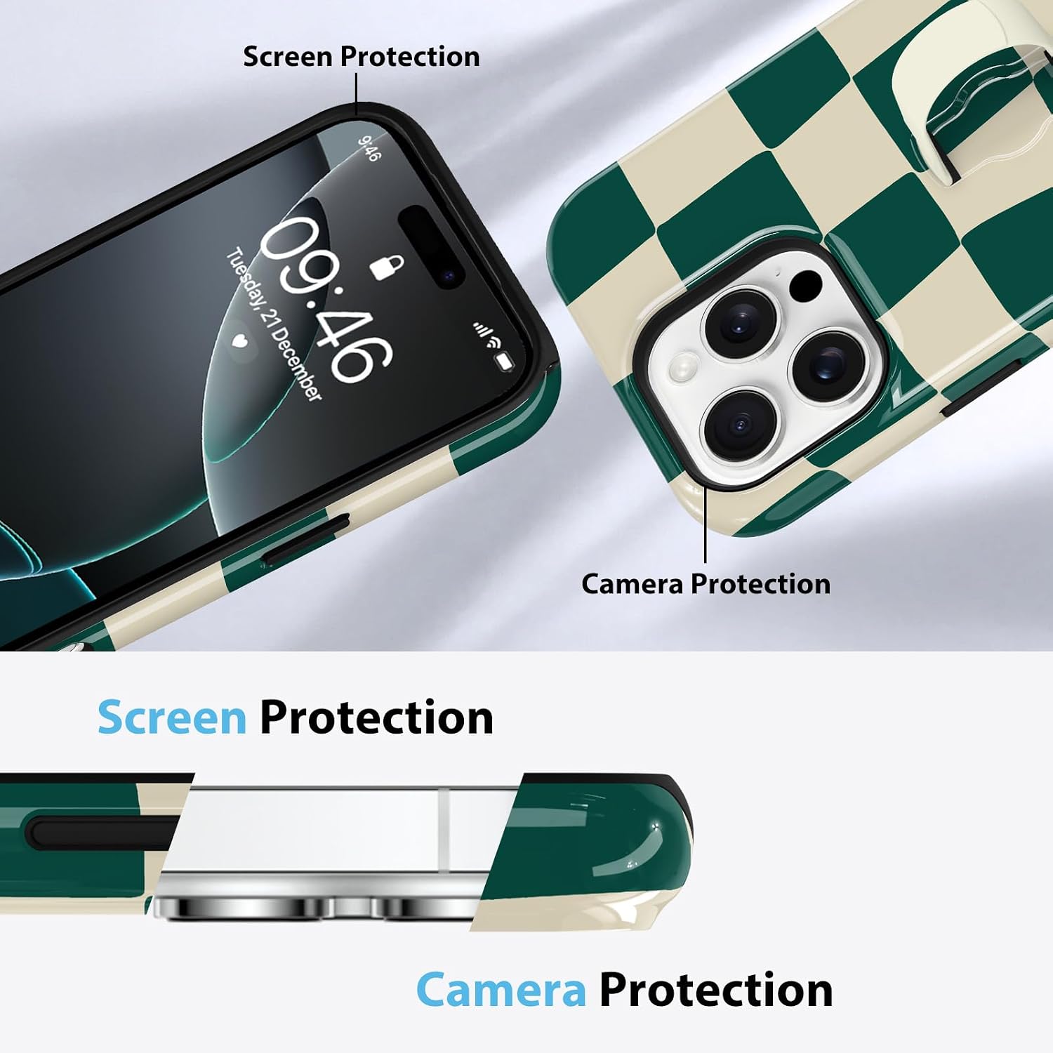 KANGHAR Compatible with iPhone 16 Pro Case Checkered -Green White