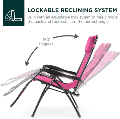 Best Choice Products Oversized Zero Gravity Chair, Folding Outdoor Patio Lounge Recliner w/Cup Holder Accessory Tray, Pillow - Hot Pink/Black