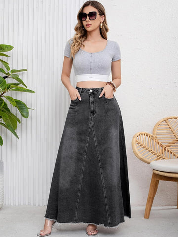 ebossy Women's Retro Distressed High Waist Frayed Hem A Line Wash Maxi Long Denim Skirt with Pockets
