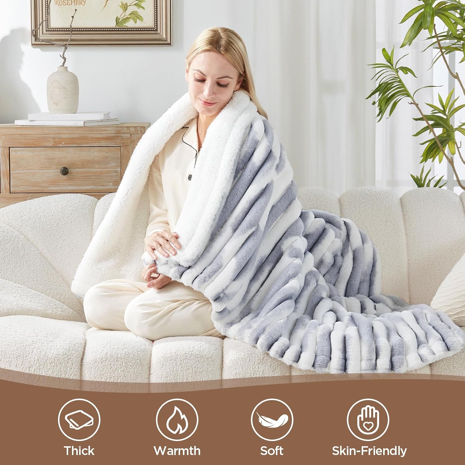 Westinghouse Faux Fur & Sherpa Heated Blanket Throw, Blue Gray, 50x60