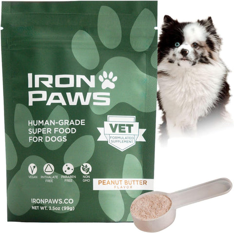 Human-Grade Superfood for Dogs, Premium Greens Powder Supplement for Dental Health, Longevity, Hip & Joint, Gut Health, Allergies, Immune Support, Skin & Coat - Peanut Butter - 3.5 oz