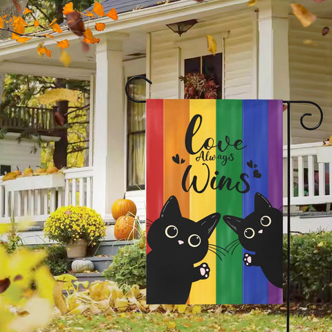 Pride Love Always Wins Garden Flags 12x18 Double Sided Rainbow Gay Lesbian Small Flags for Outside LGBT Pansexual Black Cat Decorations Yard Flags for Outdoor Lawn