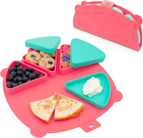 Silicone On-The-Go Snack Mat – Foldable Reusable Placemat with 3 Compartments and Lids – Travel-Friendly Baby and Toddler Snack Plate – Dishwasher Safe (Watermelon)