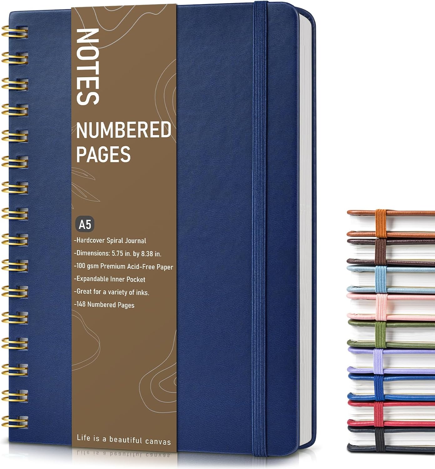 Lined Spiral Journal Notebook, A5 Hardcover Spiral Journals for Women Men, 150 Numbered Pages Spiral Bound Notebook, 100 GSM College Ruled Notebooks for Writing Note Taking 5.75" x 8.38", Navy Blue
