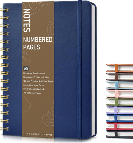 Lined Spiral Journal Notebook, A5 Hardcover Spiral Journals for Women Men, 150 Numbered Pages Spiral Bound Notebook, 100 GSM College Ruled Notebooks for Writing Note Taking 5.75" x 8.38", Navy Blue
