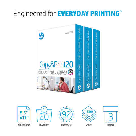 HP Papers | 8.5 x 11 Paper | Copy &Print 20 lb | 3 Ream Case - 1,500 Sheets | 92 Bright | Made in USA - FSC Certified | 200090C