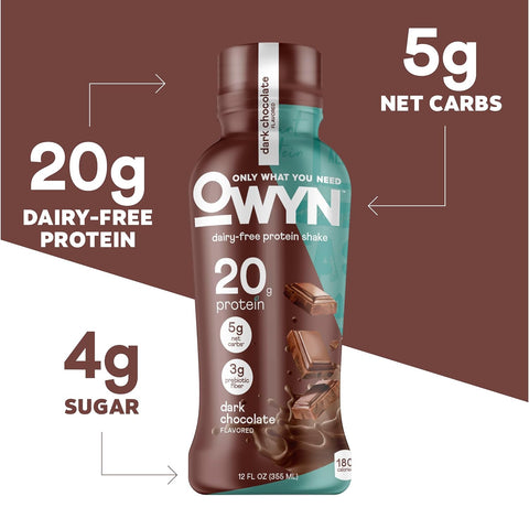 OWYN Only What You Need Dark Chocolate Flavored 20g Protein Shake, 12 Ct | 20g Protein, 4g Sugar, 3g Prebiotic Fiber, Dairy Free, Plant Protein, Gluten Free, Individual 12fl oz Bottles