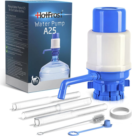 HotFrost Manual Water Pump for 5 Gallon Jug & Bottle – Non-Electric 5 Gallon Water Dispenser, Universal Hand Pump with 3 Adjustable Tubes, 53mm Screw Top Adapter, Spout Cap & Cleaning Brush, BPA-Free