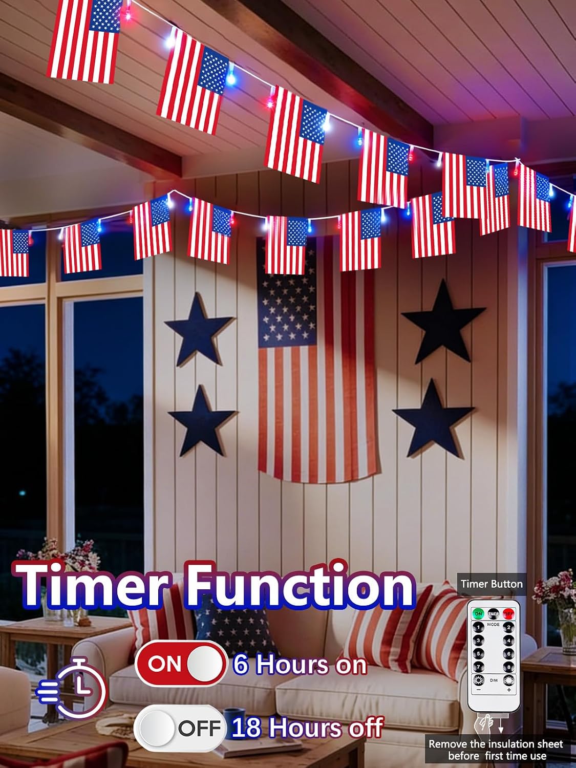 4th of July Lights 24FT Red White Blue Flag LED String Lights with Remote