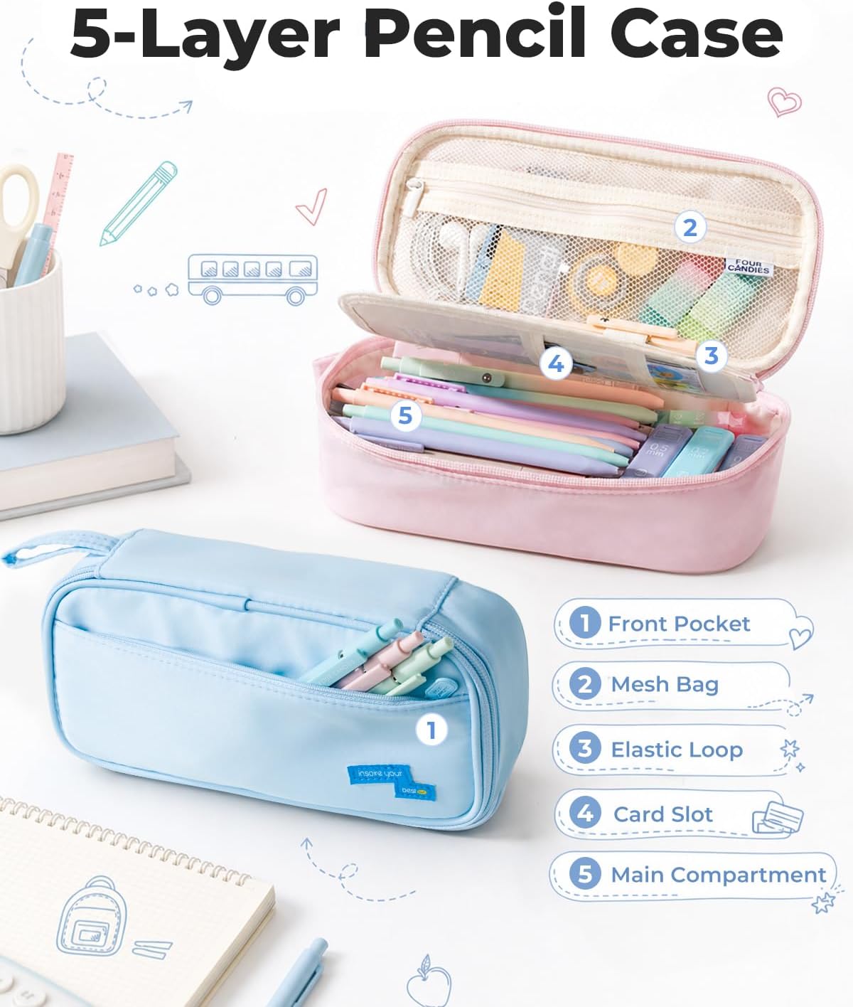 Four Candies Large Pencil Case, 5 Compartments Canvas Pen Organizer