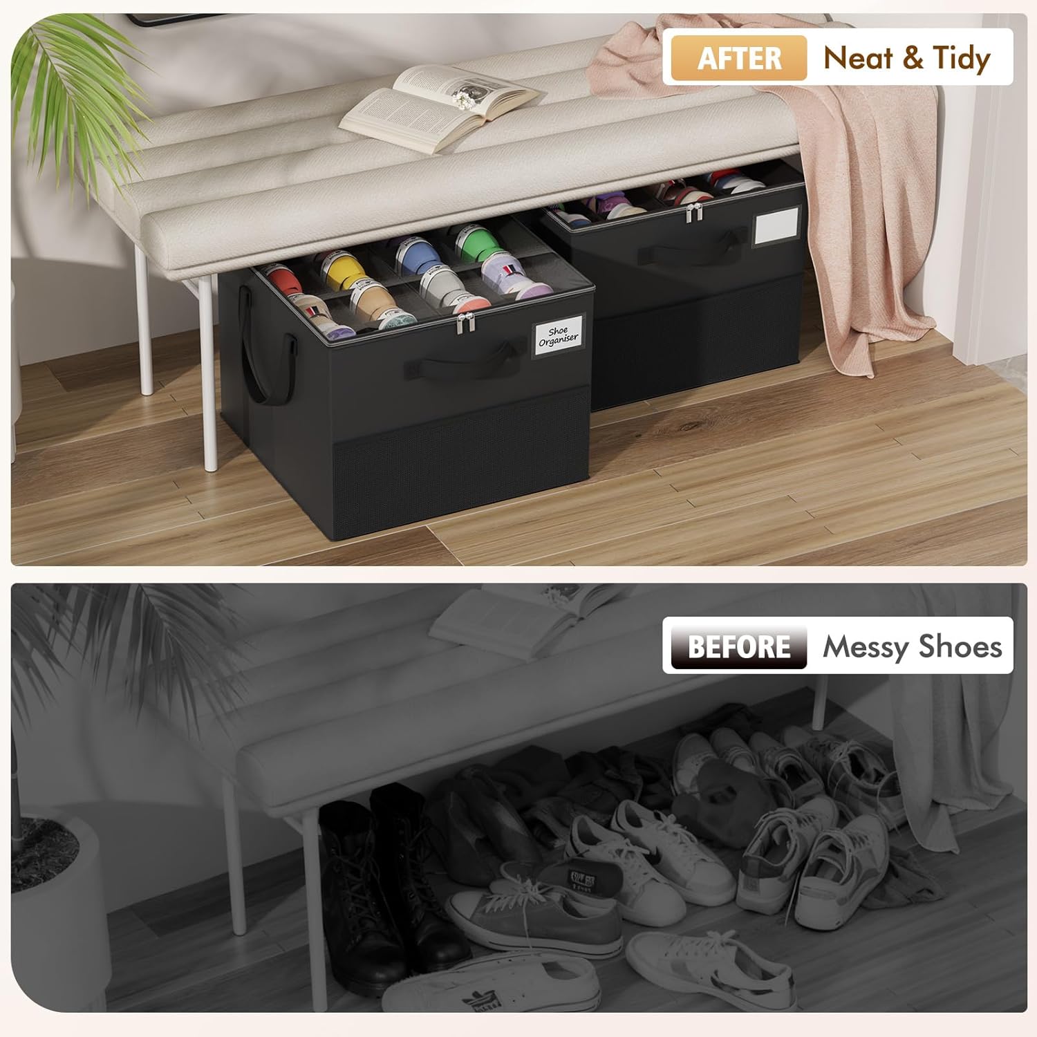 Large Reinforced 2 Pack Shoe Organizer for Closet with Adjustable Dividers