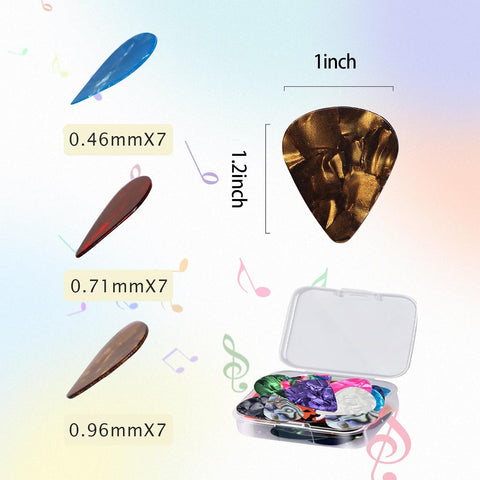 21 Pack Guitar Picks with Organizer Storage Box, 4 Different Thickness Colorful Celluloid Guitar Picks Plectrums for Acoustic Guitar, Electric Guitar, Bass, Ukulele