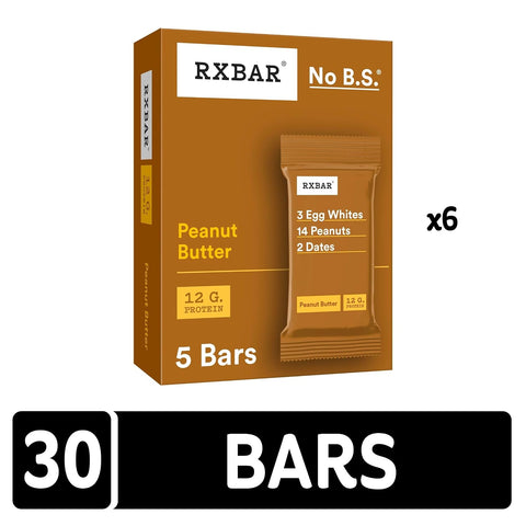 RXBAR Protein Bars, 12g Protein, Gluten Free Snacks, Peanut Butter (6 Boxes, 30 Bars)