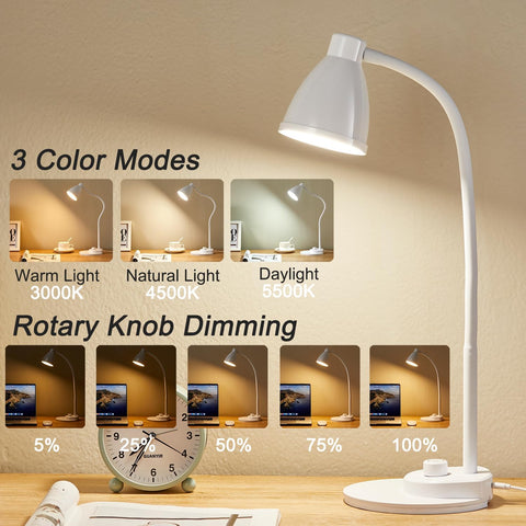 BOHON LED Desk Lamp with USB Charging Port, 3 Color Modes Dimmable, White