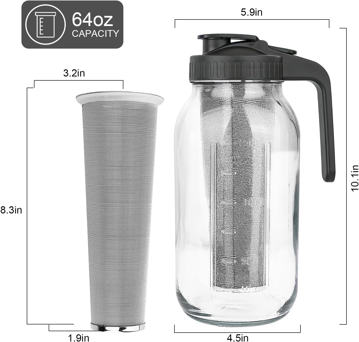 Cold Brew Coffee Maker, 64 oz Mason Jar Pitcher with Stainless Steel Filter, Pour Spout Handle Lid, Airtight & Leak-Proof for Iced Coffee,Tea & Lemonade