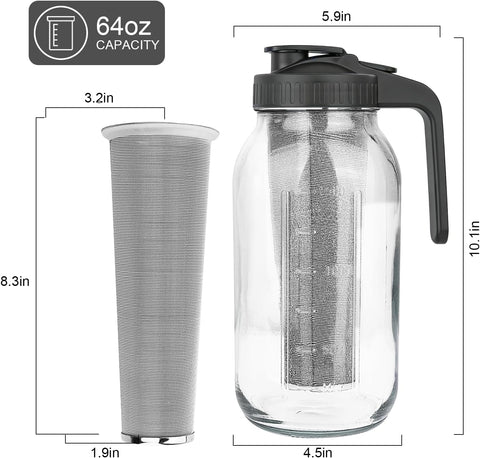 Cold Brew Coffee Maker, 64 oz Mason Jar Pitcher with Stainless Steel Filter, Pour Spout Handle Lid, Airtight & Leak-Proof for Iced Coffee,Tea & Lemonade