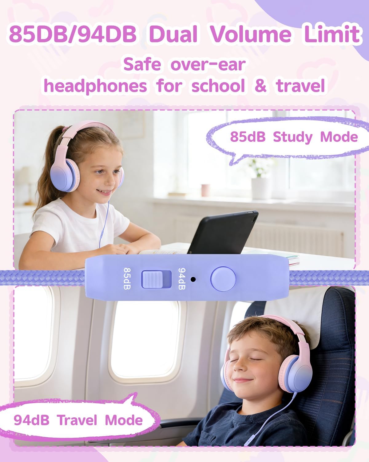 Over Ear Kids Headphones with HD Mic, Safe Volume Limited Wired Headphones for School, Travel, Stereo Sound Headphones with Cord, Foldable 3.5mm Headphones for iPad, Laptop, PC, Pink-Blue