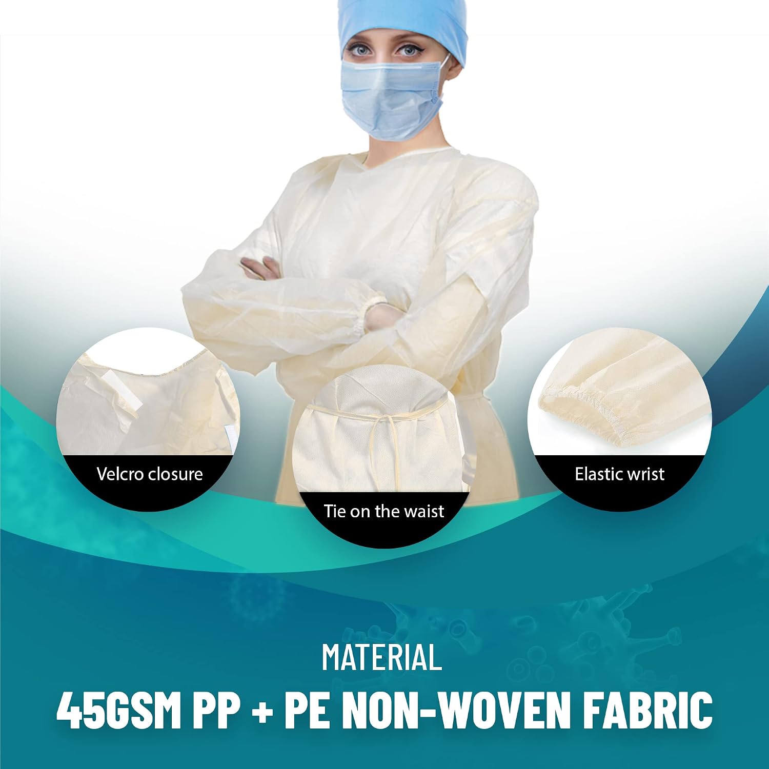 Medical Nation 100 Pack Disposable Isolation Gowns, Level 2, Universal Size