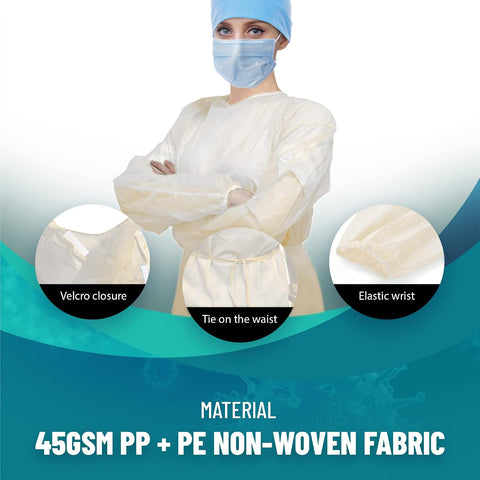 Medical Nation 100 Pack Disposable Isolation Gowns, Level 2, Universal Size