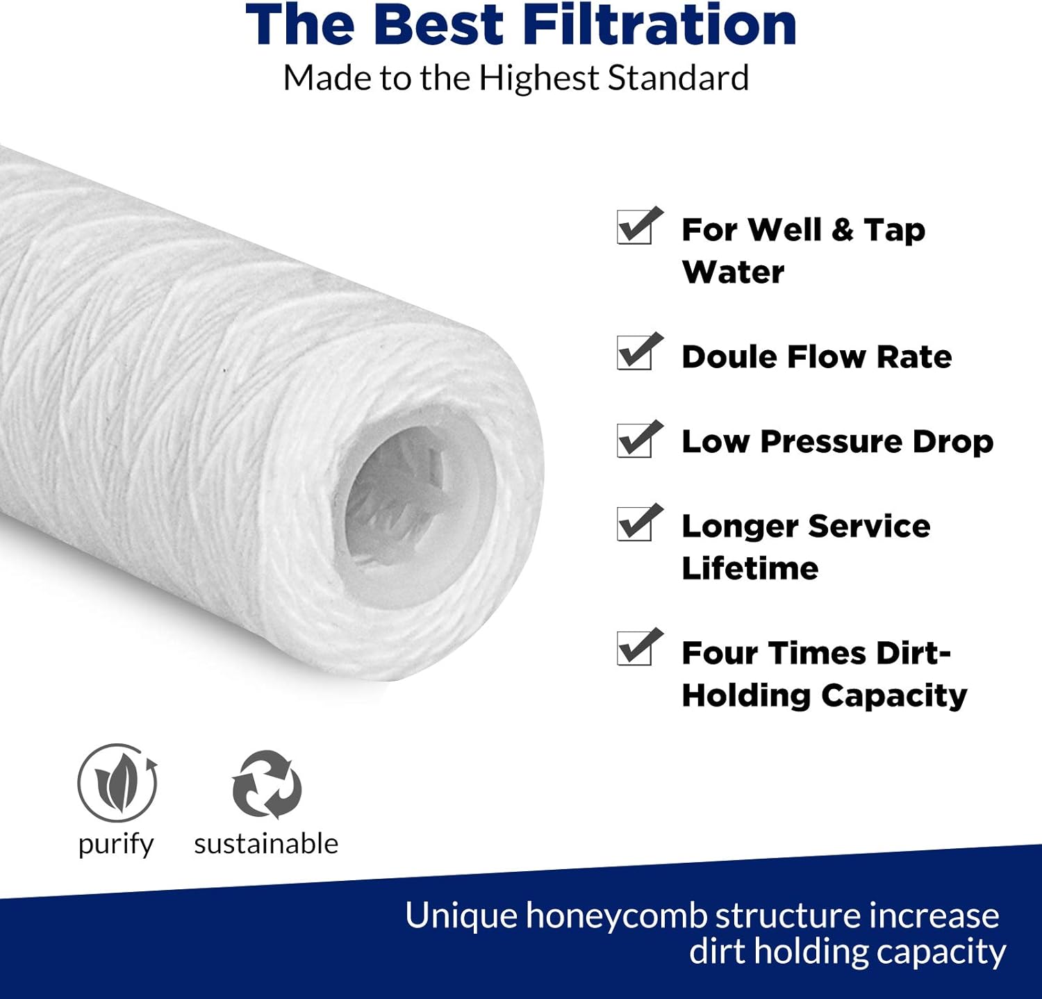 Membrane Solutions 5 Micron 10"x2.5" String Wound Whole House Water Filter Replacement Cartridge Universal Sediment Filters for Well Water - 6 Pack