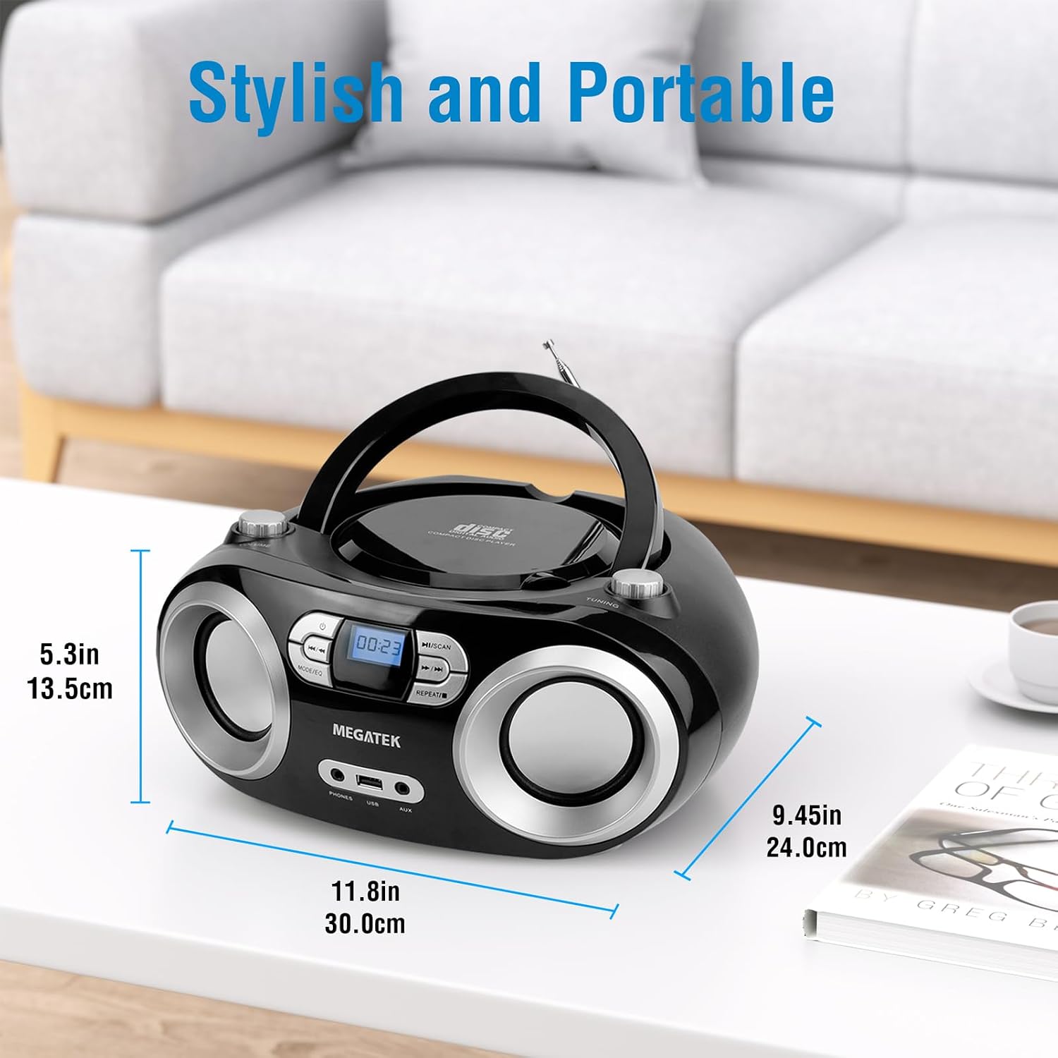 MEGATEK Portable CD Player Boombox with Bluetooth & FM Radio – Black