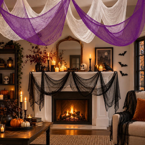 AHEONLAR 8 Pack Halloween Creepy Cloth 30x72 Inch Spooky Fabric Cloth Indoor Outdoor Halloween Decorations for Party Supplies, Home Wall, Doorway, Yard (3 Black, 3 White, 2 Purple)