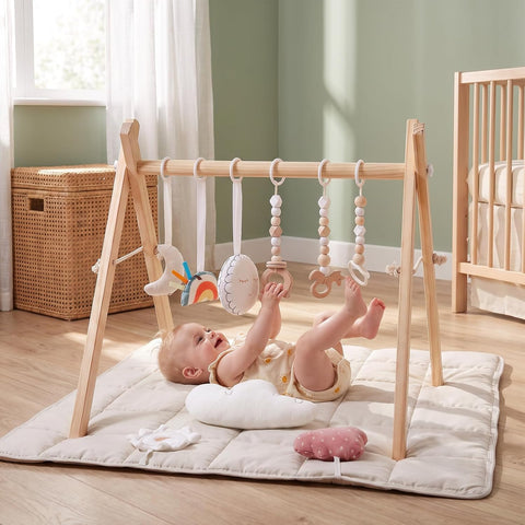 Wooden Play Gym with Beige Mat, Foldable Baby Play Gym, Infant Activity Mat with 6 Hanging Toys, Natural Pine Wood Frame Activity Center, Easy to Assemble & Clean, Newborn Present for Boys & Girls