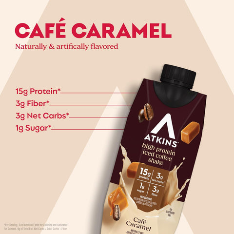Atkins Café Caramel Iced Coffee Flavored High Protein Shake, 12 Count