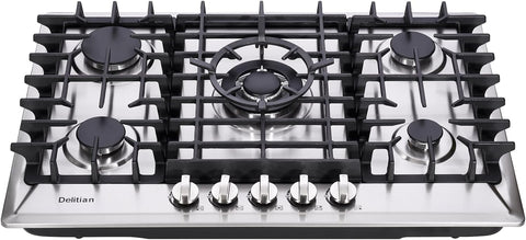 30 Inch Gas Cooktop Built-in 5 Burners Stainless Steel Gas Stovetop LPG/NG Convertible Dual Fuel Gas Hob DT5703