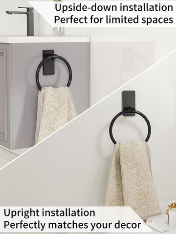 STWWO Hand Towel Holder for Bathroom, Adhesive Round Towel Ring, Black