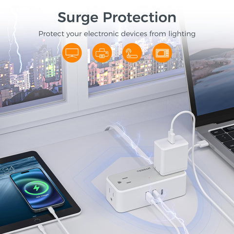 Surge Protector Power Strip, TESSAN Flat Extension Cord 5 Ft with 4 Outlets 3 USB(1 USB C) Charging Ports, Power Strips with Surge Protection, Wall Mount for Office, Home, Dorm Essentials