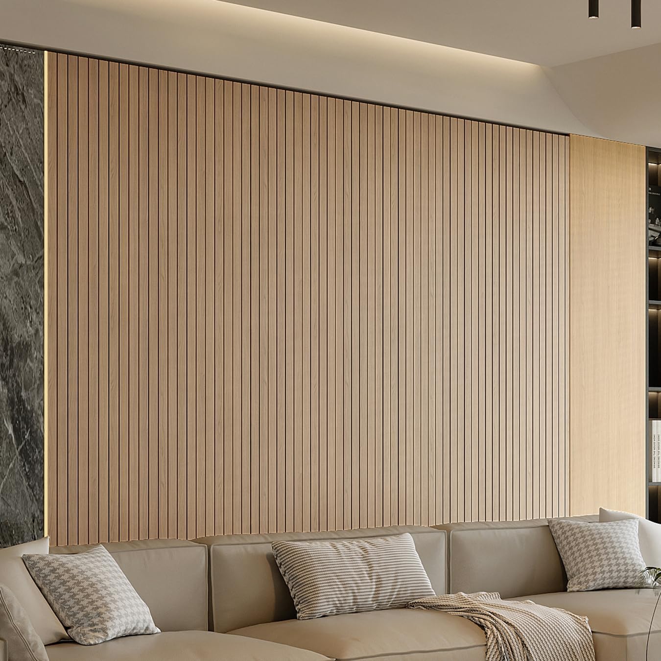 YU LI 3DH Peel and Stick PVC Slat Wall Panel 236"x15.75" Self-Adhesive Thick Faux Oak Wood Grain Wallpaper Panel 3D Soundproof Wall Panels for Walls & Ceilings