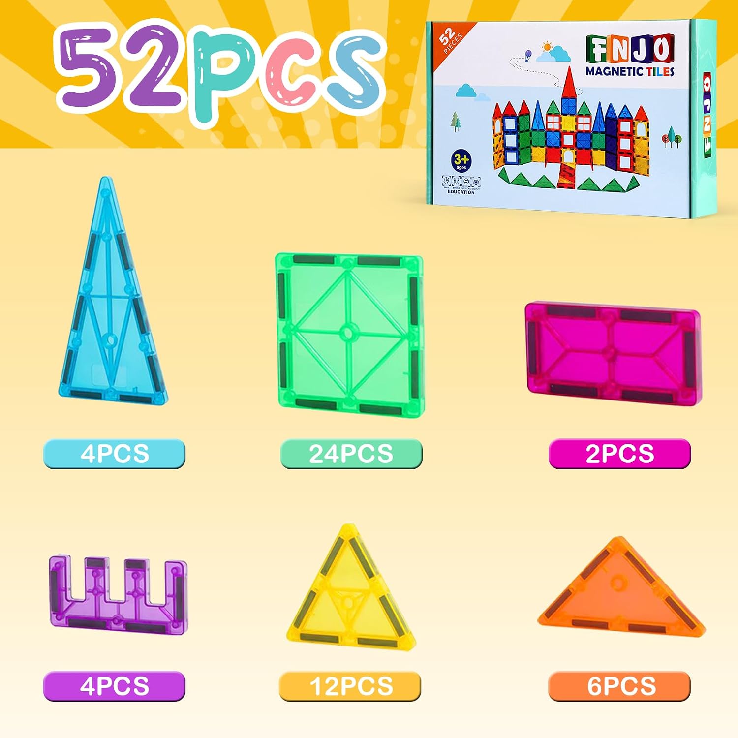FNJO Magnetic Tiles, 52 PCS Magnet Building Set, Magnetic Building Blocks,Construction STEM Toys for Kids