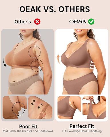 OEAK Womens Jelly Bras Wireless Deep V Comfy Push Up Tshirt Bras XXL Coffee