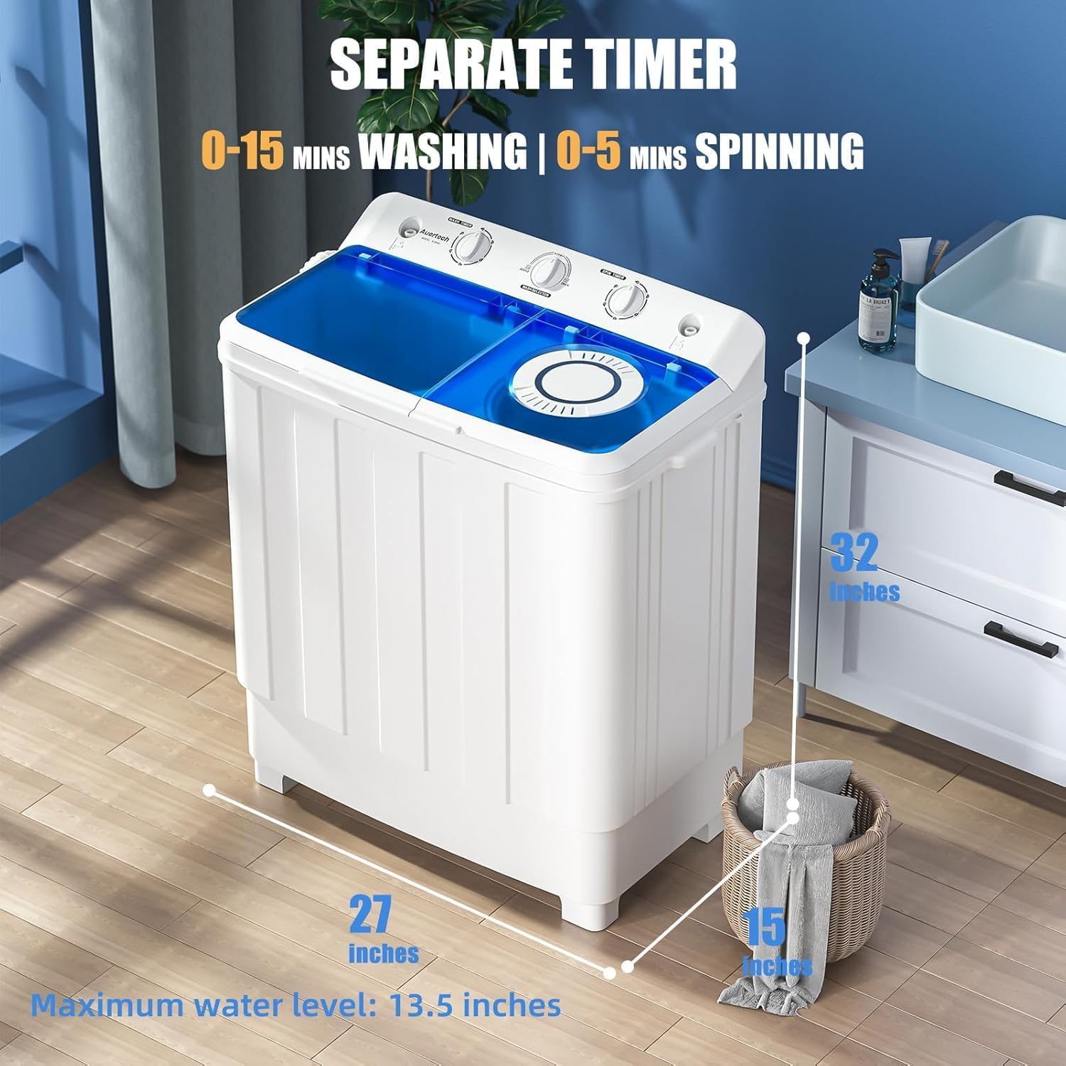 Auertech Portable Washer and Dryer Combo, 28 Lbs Twin Tub Washing Machine, 1.5 Cu.Ft Compact Clothes Dryer, Portable Washing Machine and Dryer Set for Laundry Apartment, RV, Dorm, Grey