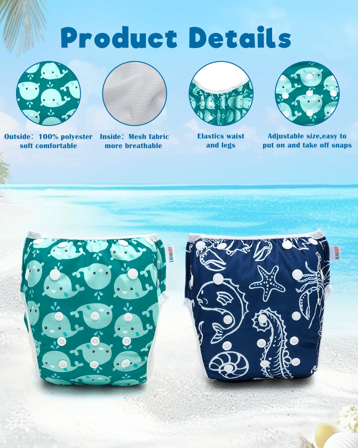 ALVABABY Swim Diapers 2pcs Reusable Baby Boy Swim Diaper 0-8 Months Adjustable Snap Washable Infant Toddler Swimming Diaper for Pool Beach & Swim Lessons – Waterproof PUL Leak-Proof UPF 30+ Small Size