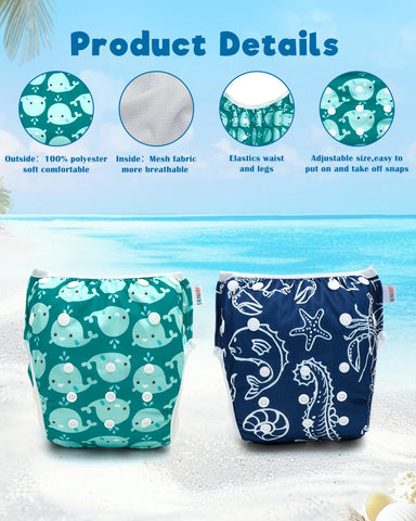 ALVABABY Swim Diapers 2pcs Reusable Baby Boy Swim Diaper 0-8 Months Adjustable Snap Washable Infant Toddler Swimming Diaper for Pool Beach & Swim Lessons – Waterproof PUL Leak-Proof UPF 30+ Small Size