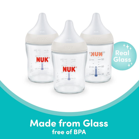 NUK Perfect Match Glass Natural + Anti-Colic Bottle, 4 oz. Glass Baby Bottles with SafeTemp Temperature Indicator, Newborn Essentials, 3-Pack