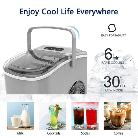 COWSAR Ice Maker Countertop, Portable Ice Machine with Self-Cleaning, 26.5lbs/24Hrs, 9 Bullet Ice Cubes in 6 Mins, Ice Basket and Scoop, Ideal for Home, Kitchen, Bar, Camping, Grey