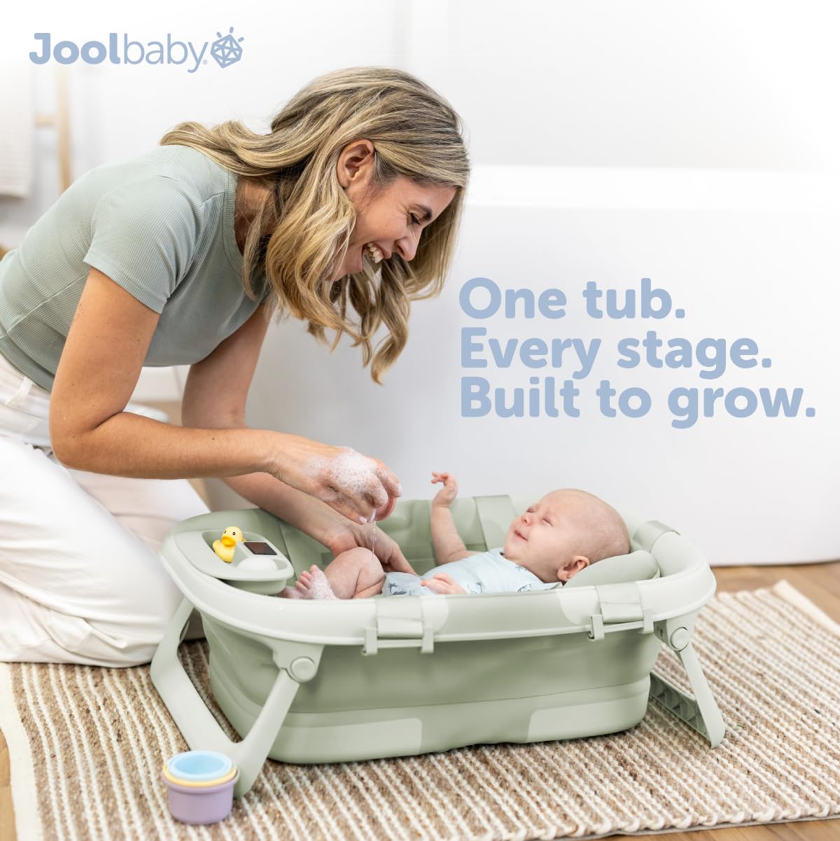 Jool Baby Foldable Baby Bathtub – Portable for Travel – Thermometer (Sage)