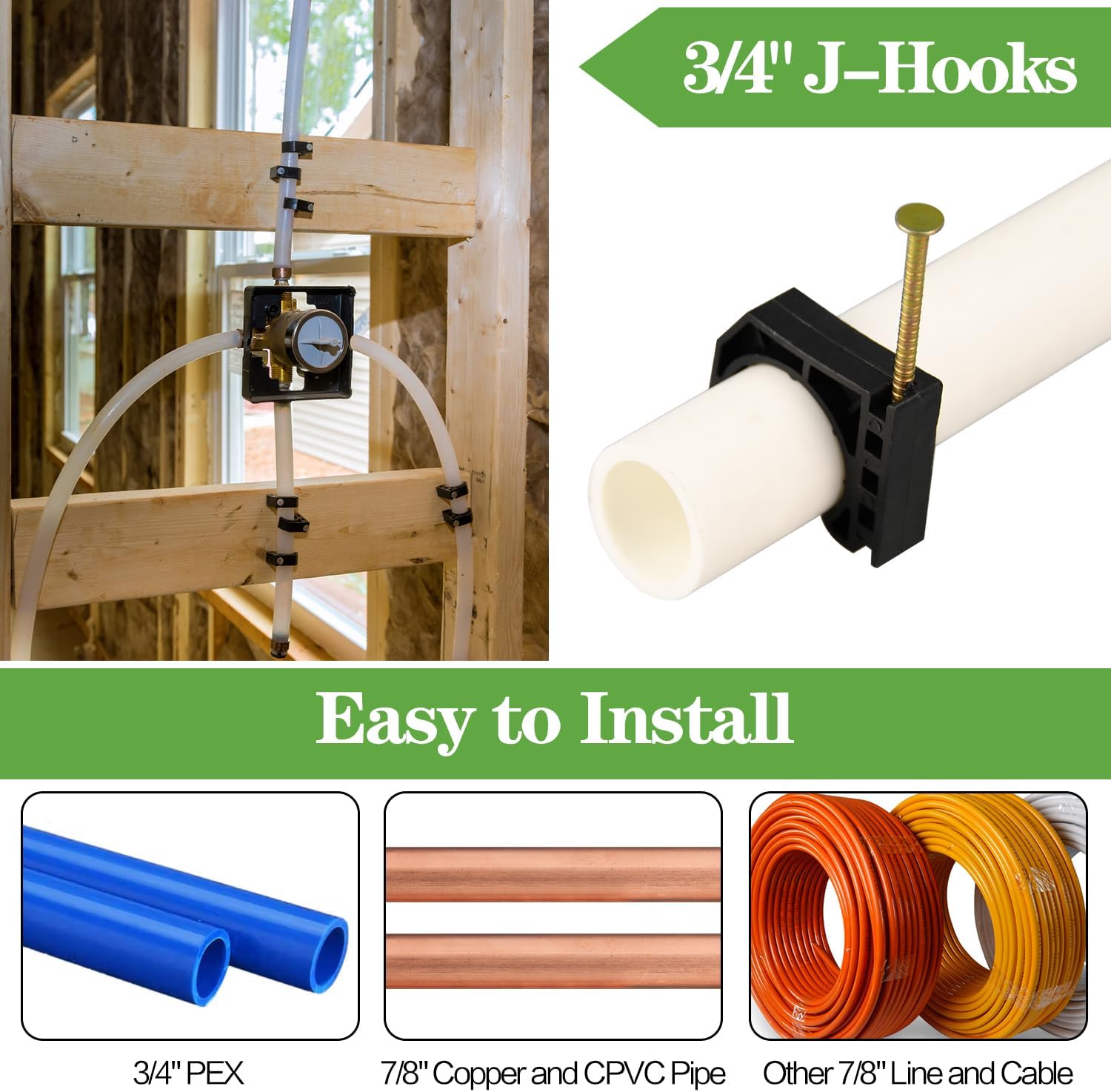 100 Pack 3/4" Half Clamps J-Hook with Nails Set