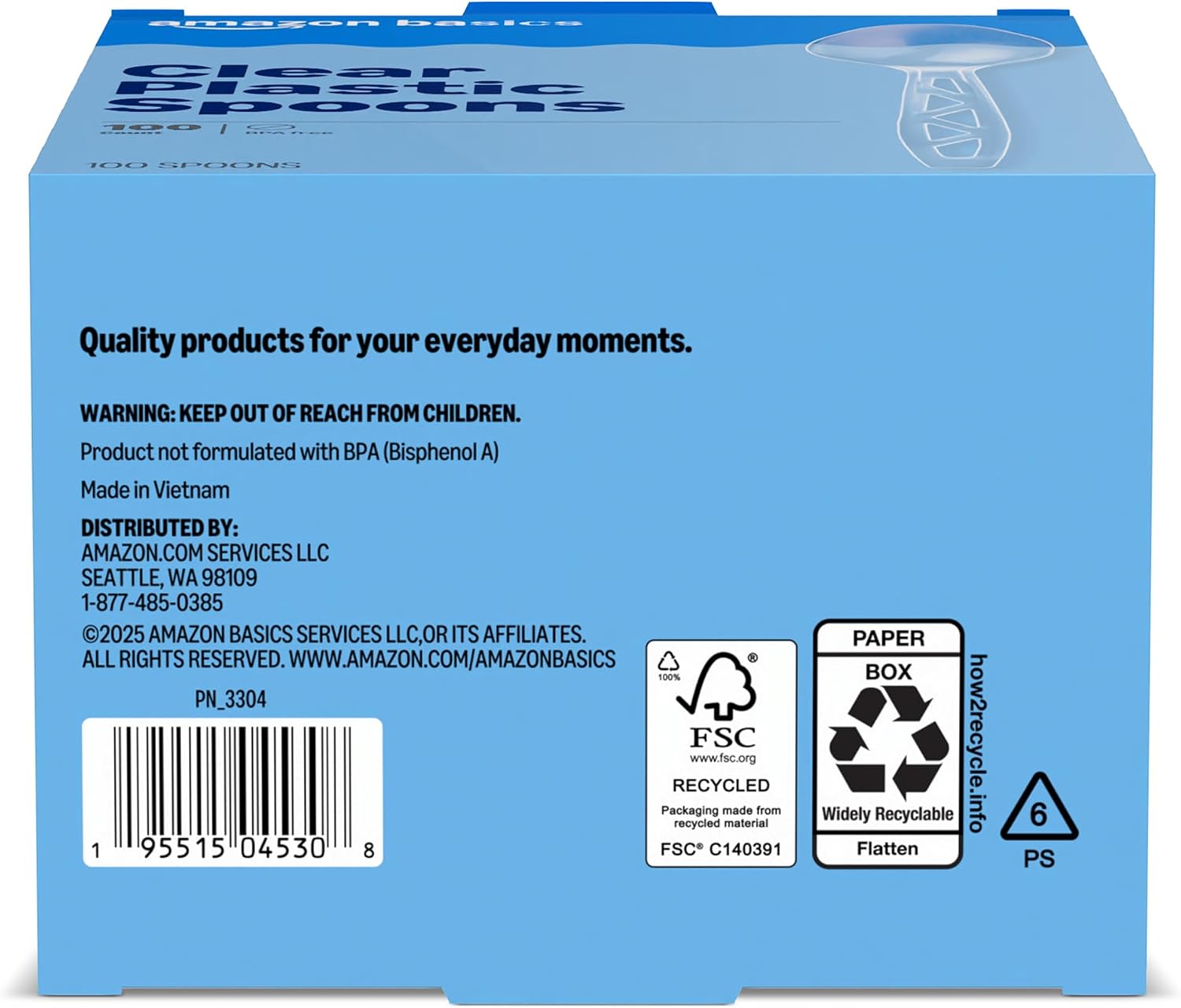 Amazon Basics Disposable Clear Plastic Spoons, Premium Quality, 100 Count, Large Pack, Packaging May Vary