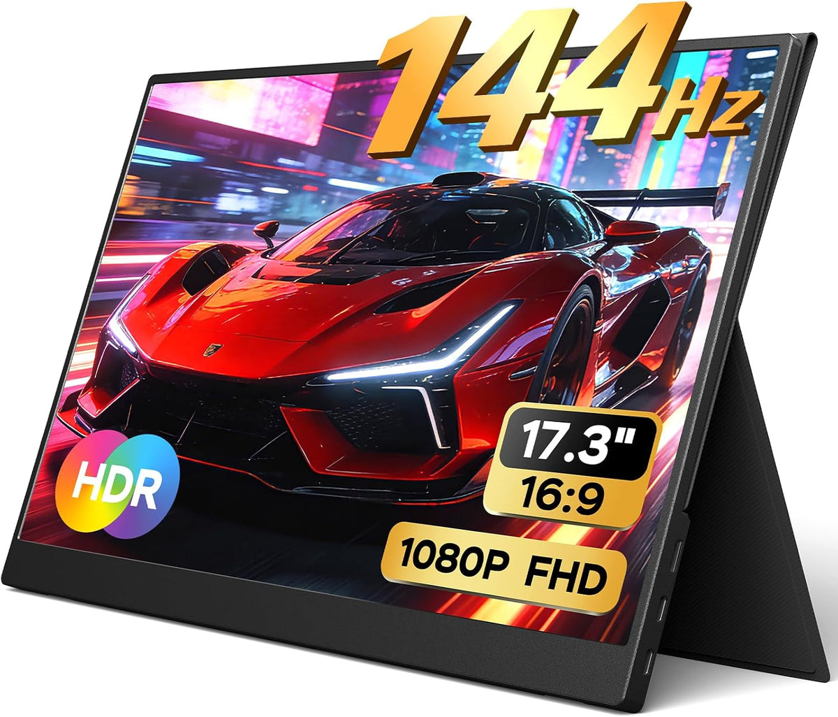 Yxk Portable Monitor 17.3 Inch 1080P 144Hz IPS HDR Ultra-Slim Travel Monitor with Dual Speakers USB-C HDMI Second Screen for Laptop PC Mac Phone Xbox PS4/5 Switch, VESA Kickstand with Cover Stand