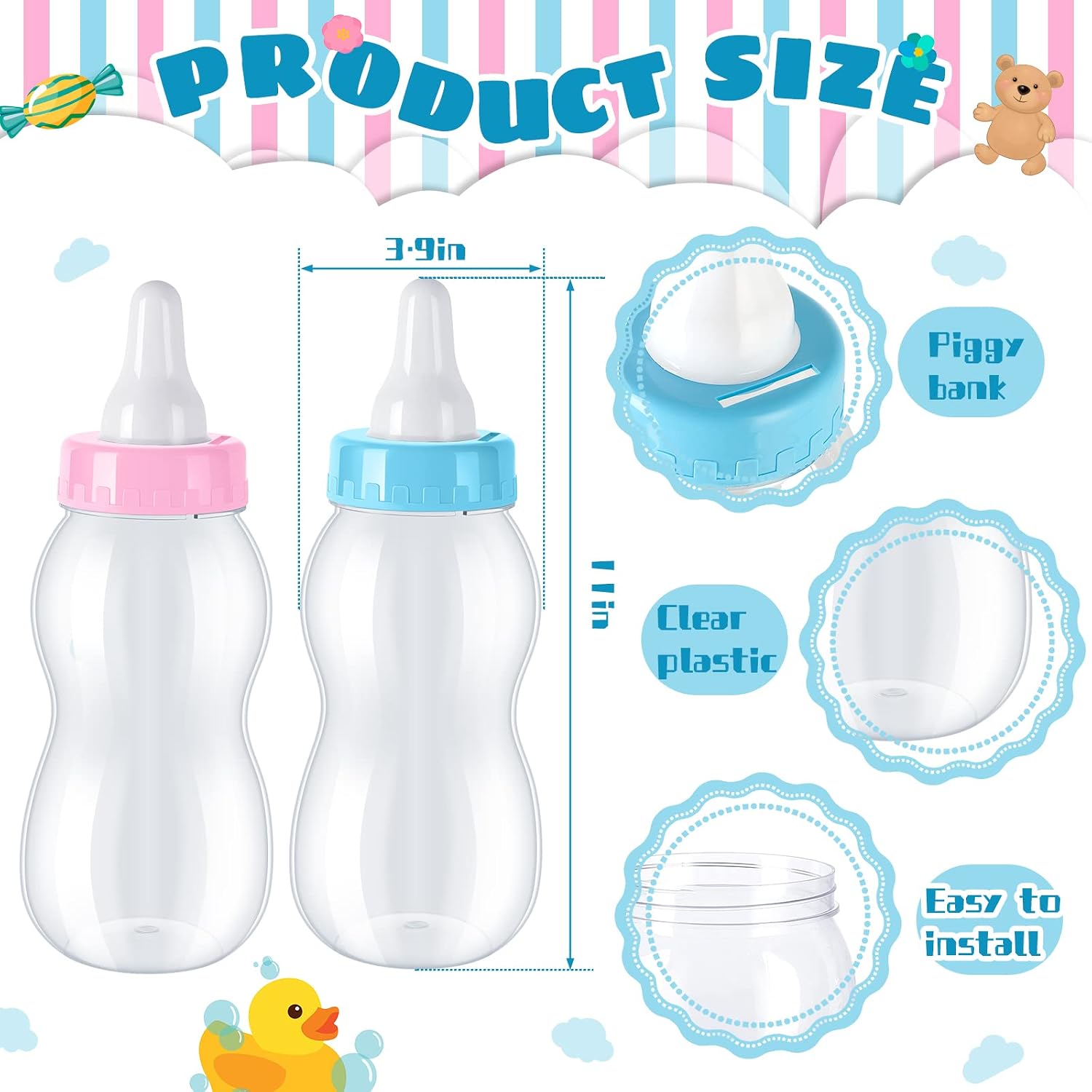 Tessco for you 2 Pcs 11in Jumbo Baby Bottle Bank Baby Shower, Pink, Blue