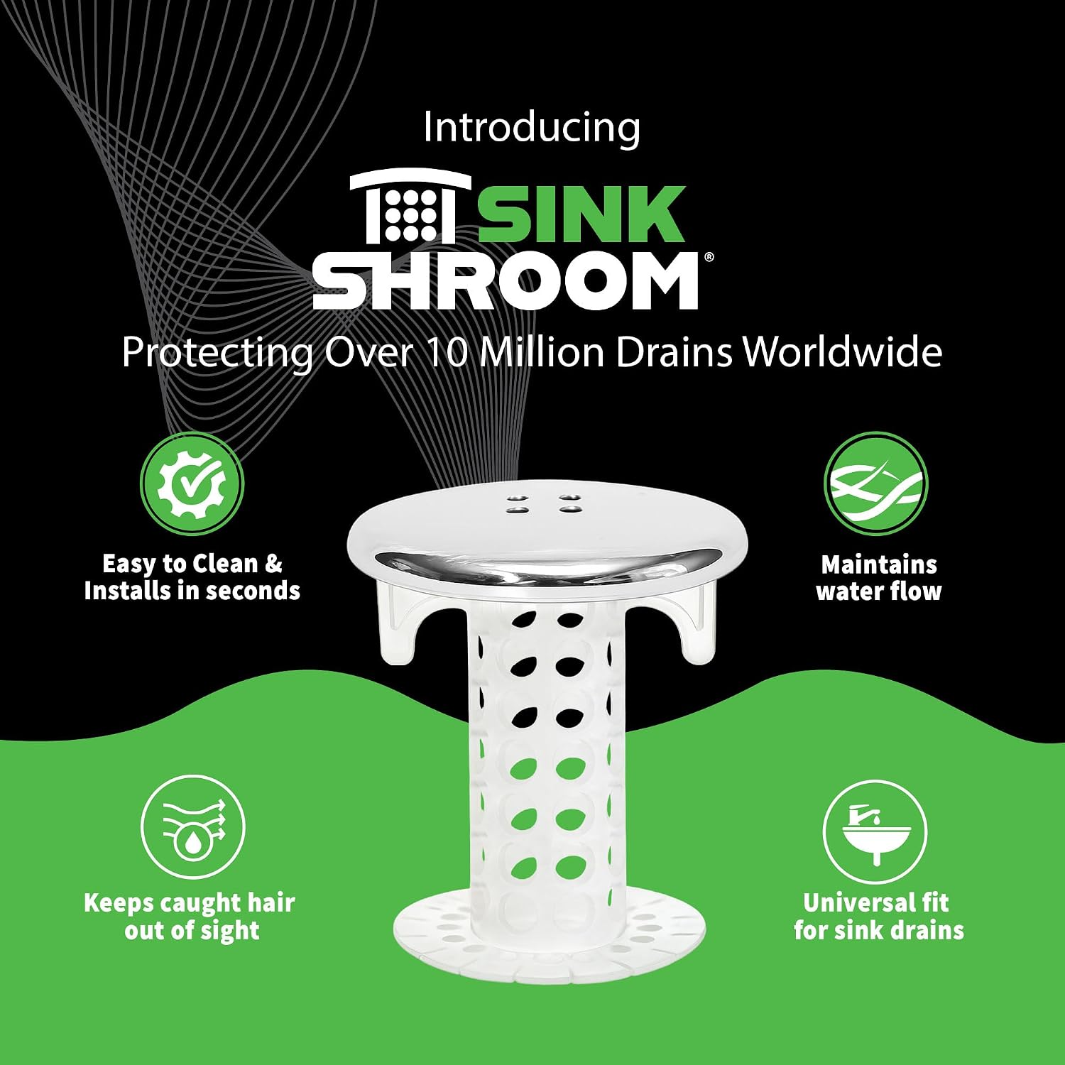 SinkShroom Revolutionary Bathroom Sink Drain Protector Hair Catcher, Strainer, Snare, Silicone , Brushed, Sinkshroom Chrome Edition, 1" -1.4"